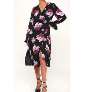 Lulus Romantic Blooms Black Floral Midi Wrap Dress Sz M Plunging Neck Black Pink